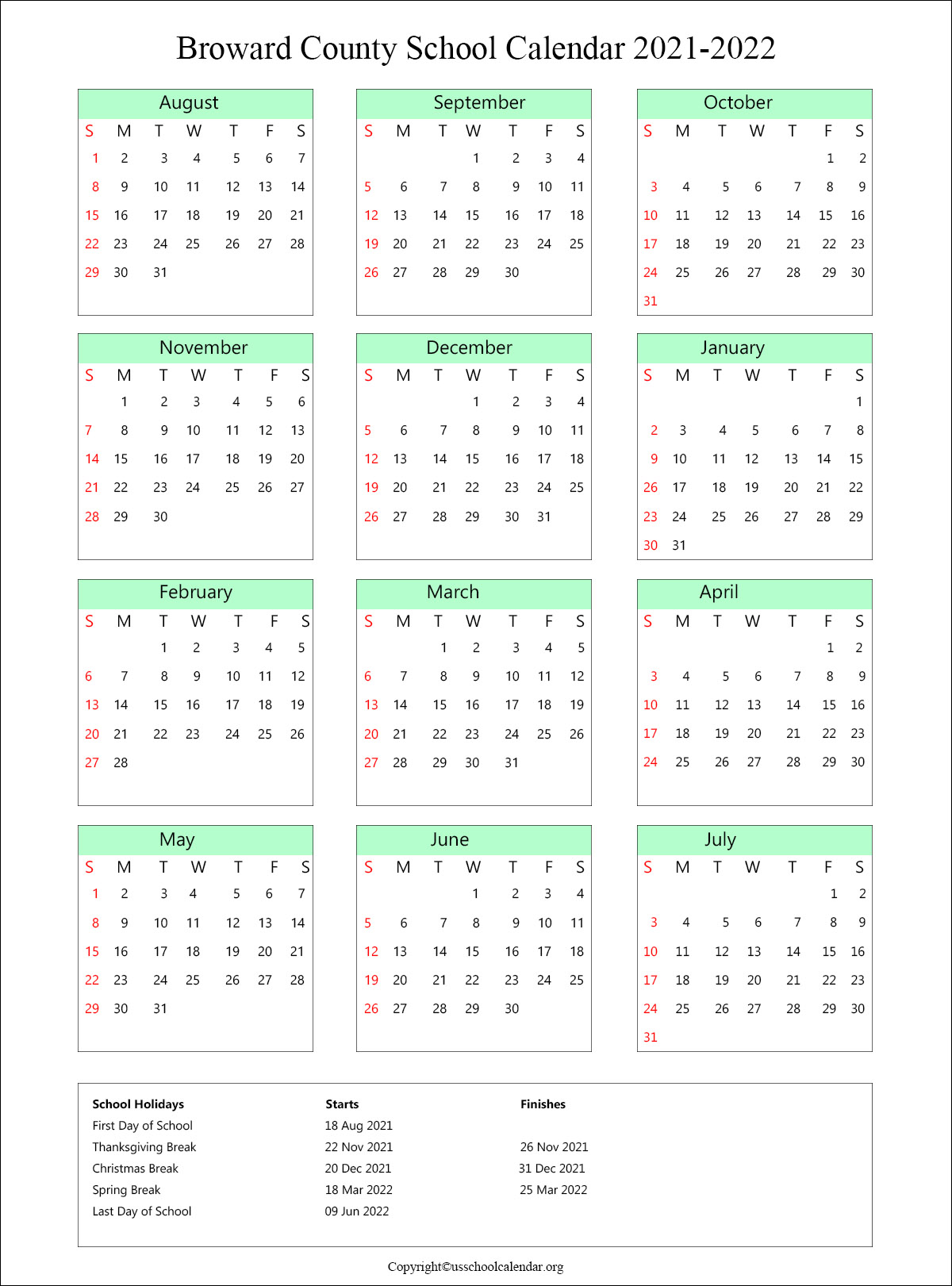 Broward County School Calendar with Holidays 20212022