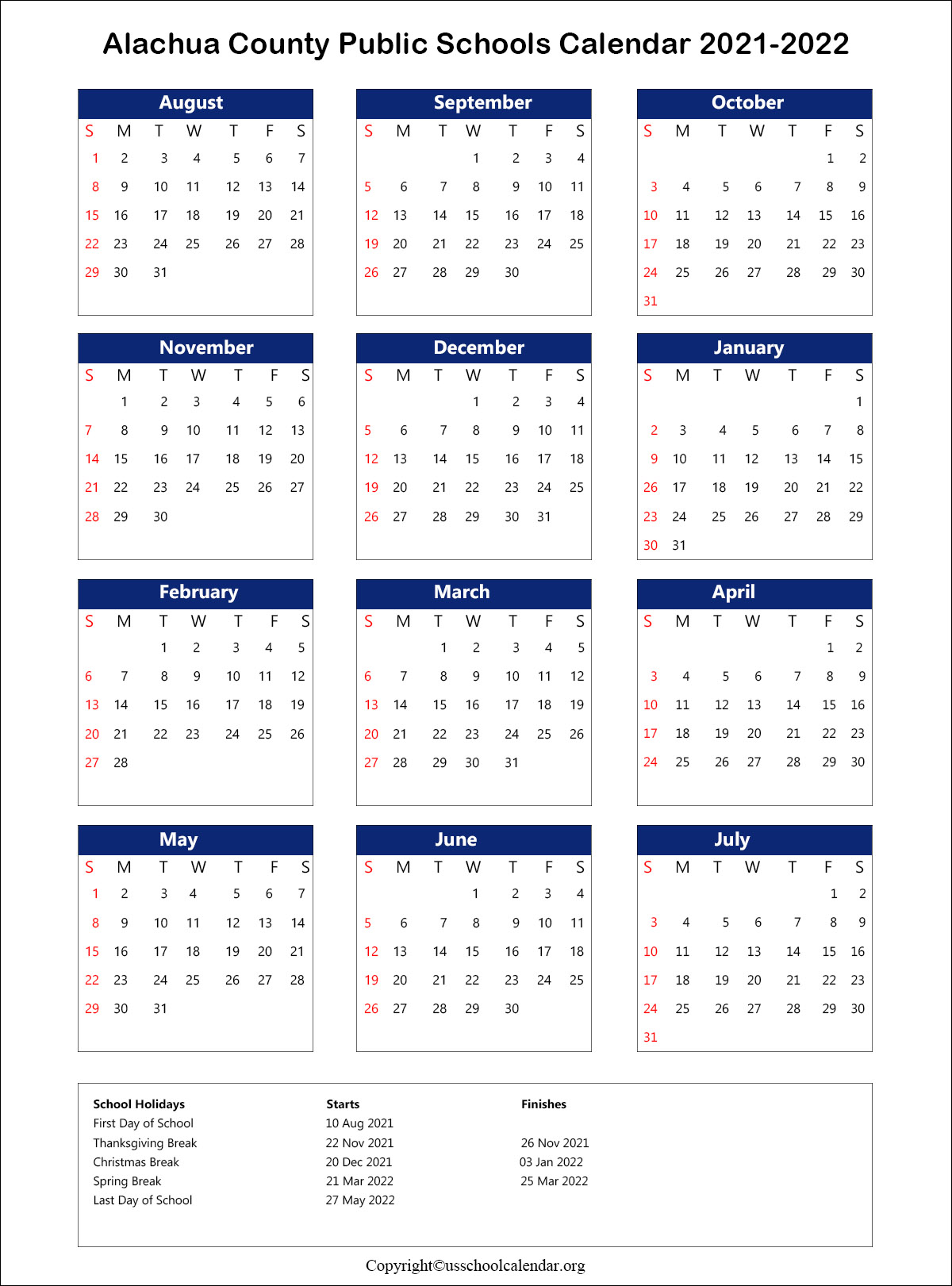 Alachua County School Calendar with Holidays 20212022