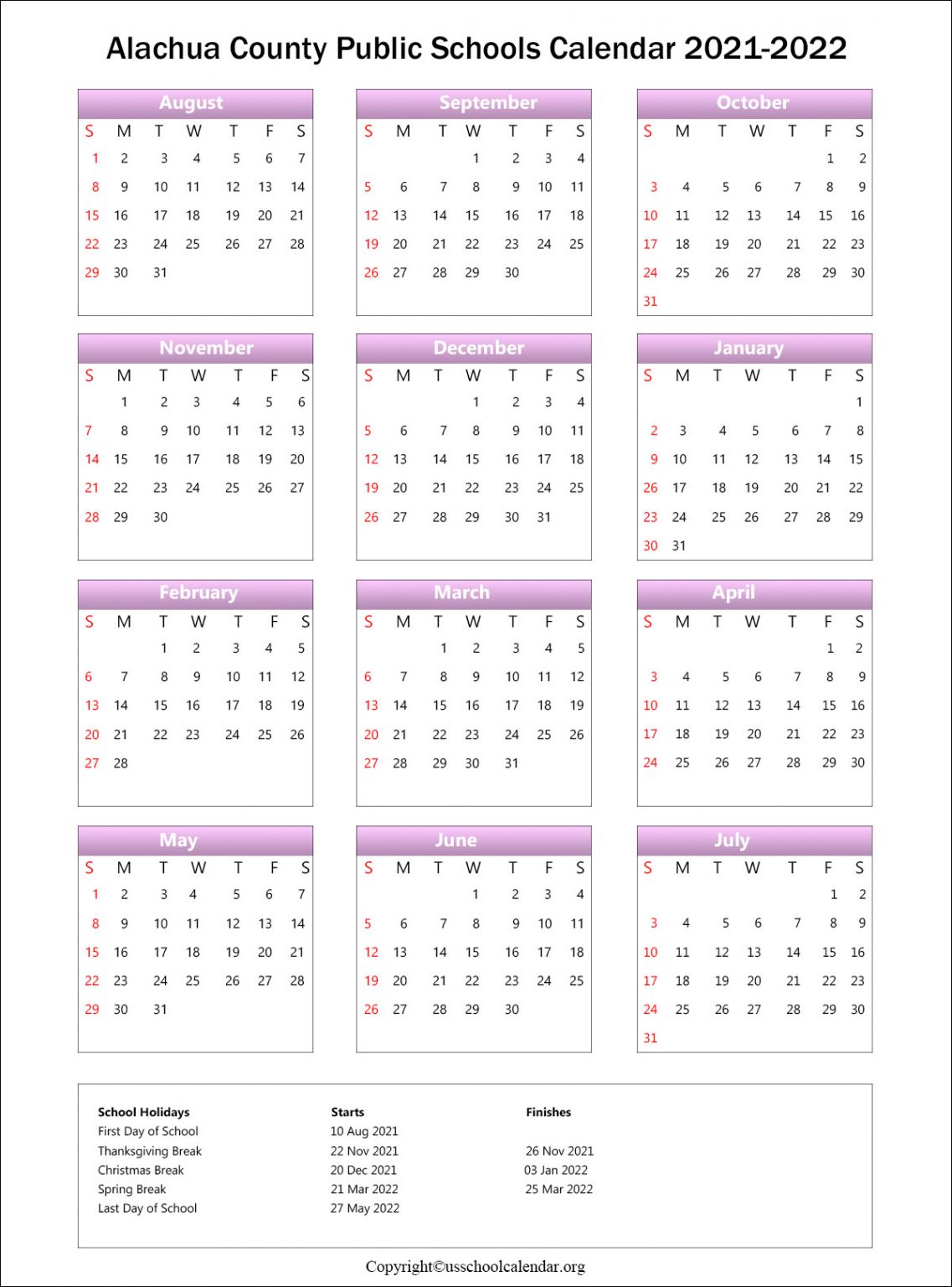 Alachua County School Holiday Calendar US School Calendar