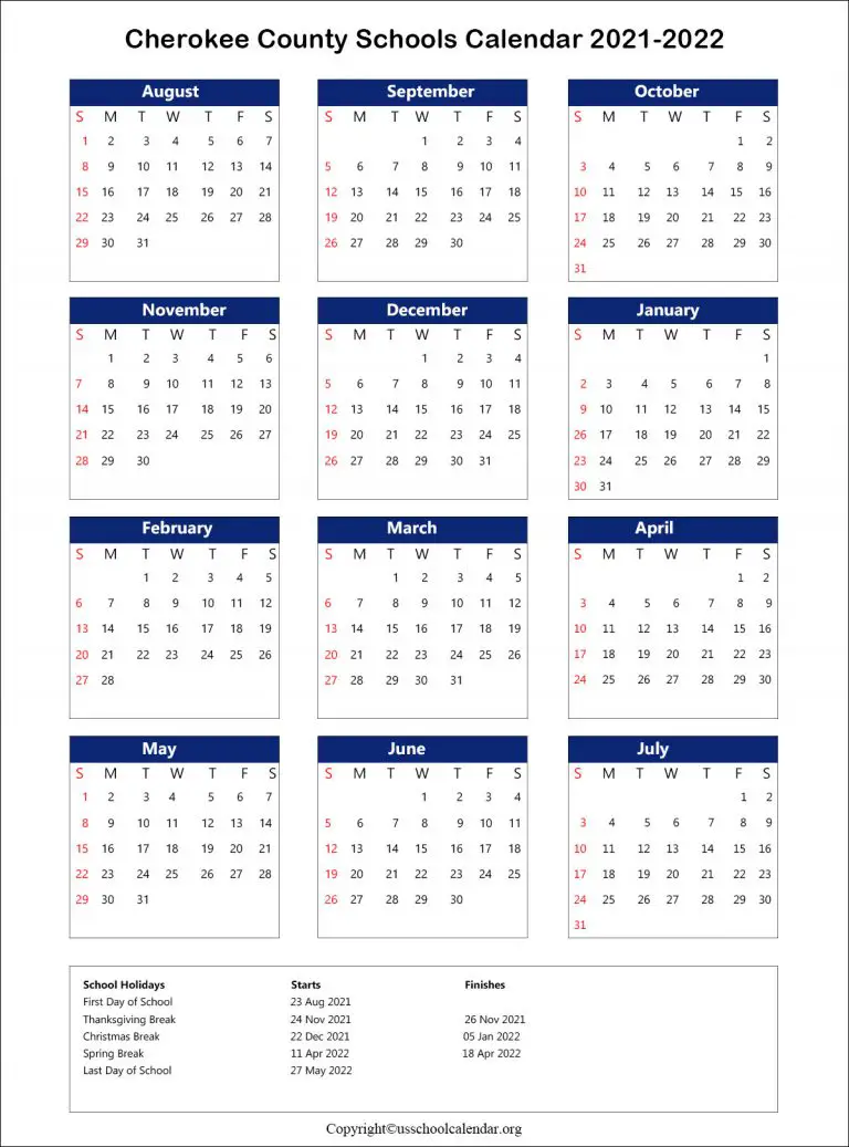Cherokee County School Calendar with Holidays 2021 2022