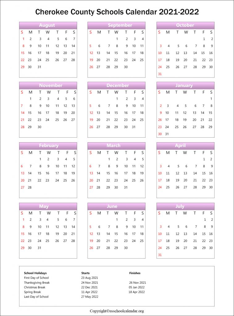 Cherokee County Schools Holiday Calendar