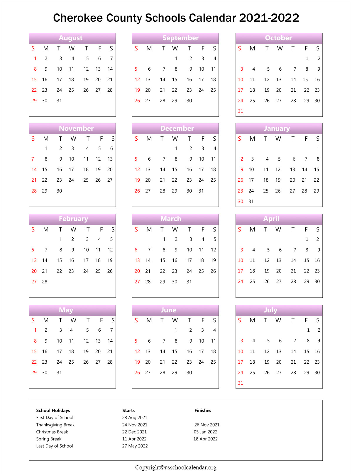 Cherokee County School Calendar with Holidays 2021-2022