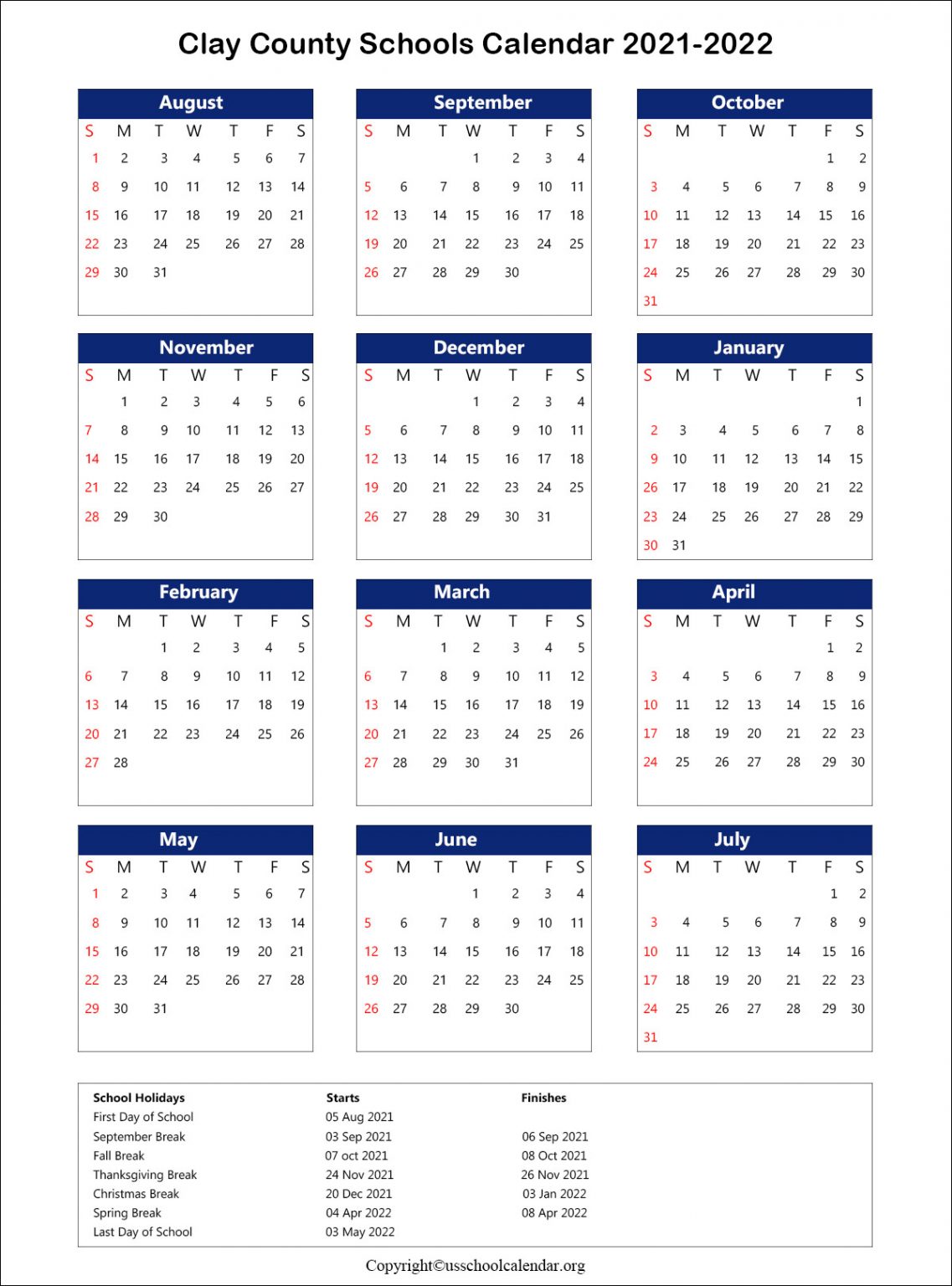 Clay County School Calendar with Holidays 2021-2022