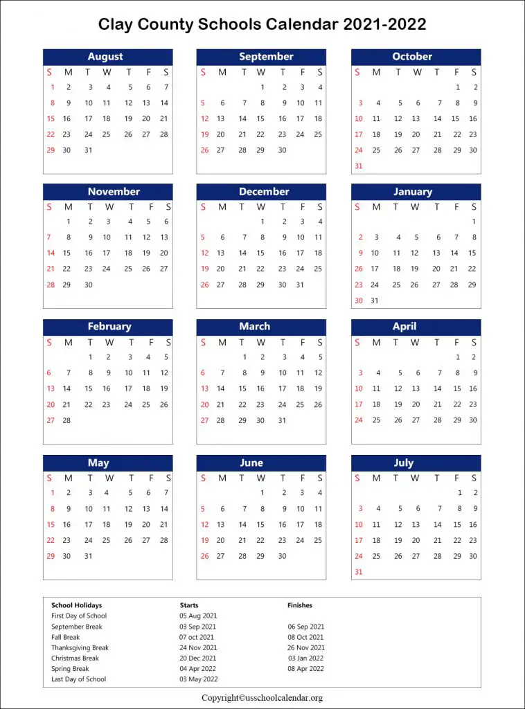Clay County School Calendar 2021-2022