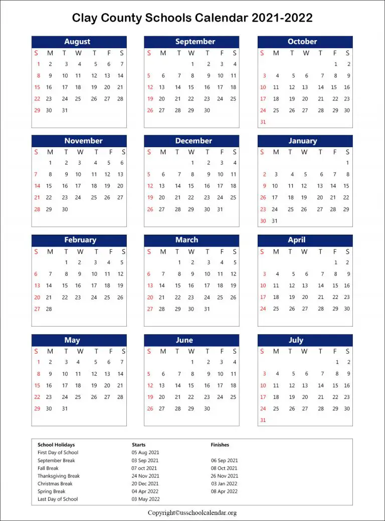 Clay County School Calendar with Holidays 2021-2022
