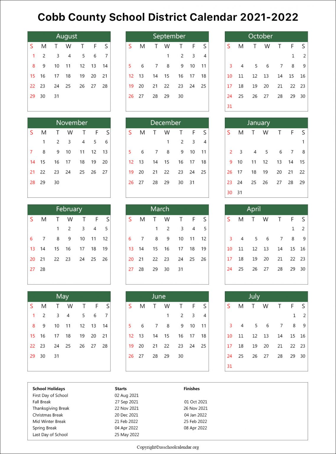 Cobb County School Calendar with Holidays 20212022