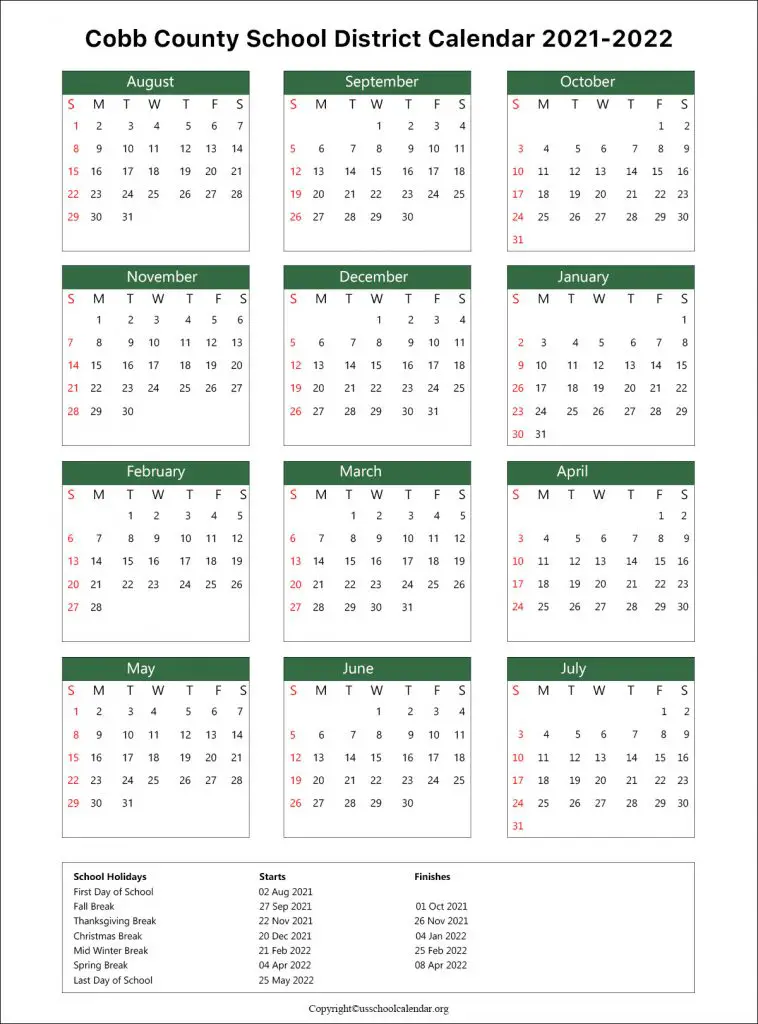 Cobb County 2022 Calendar Cobb County School Calendar With Holidays 2021-2022