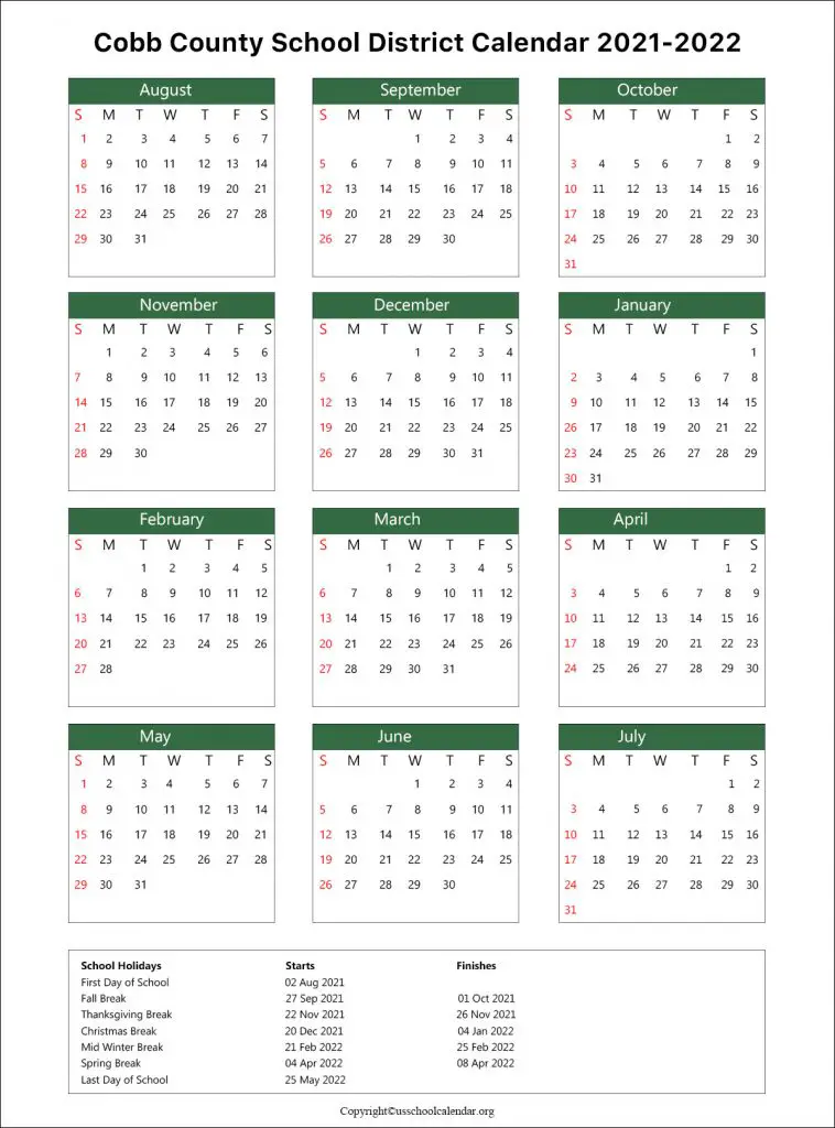 Cobb County School Calendar With Holidays 2021 2022