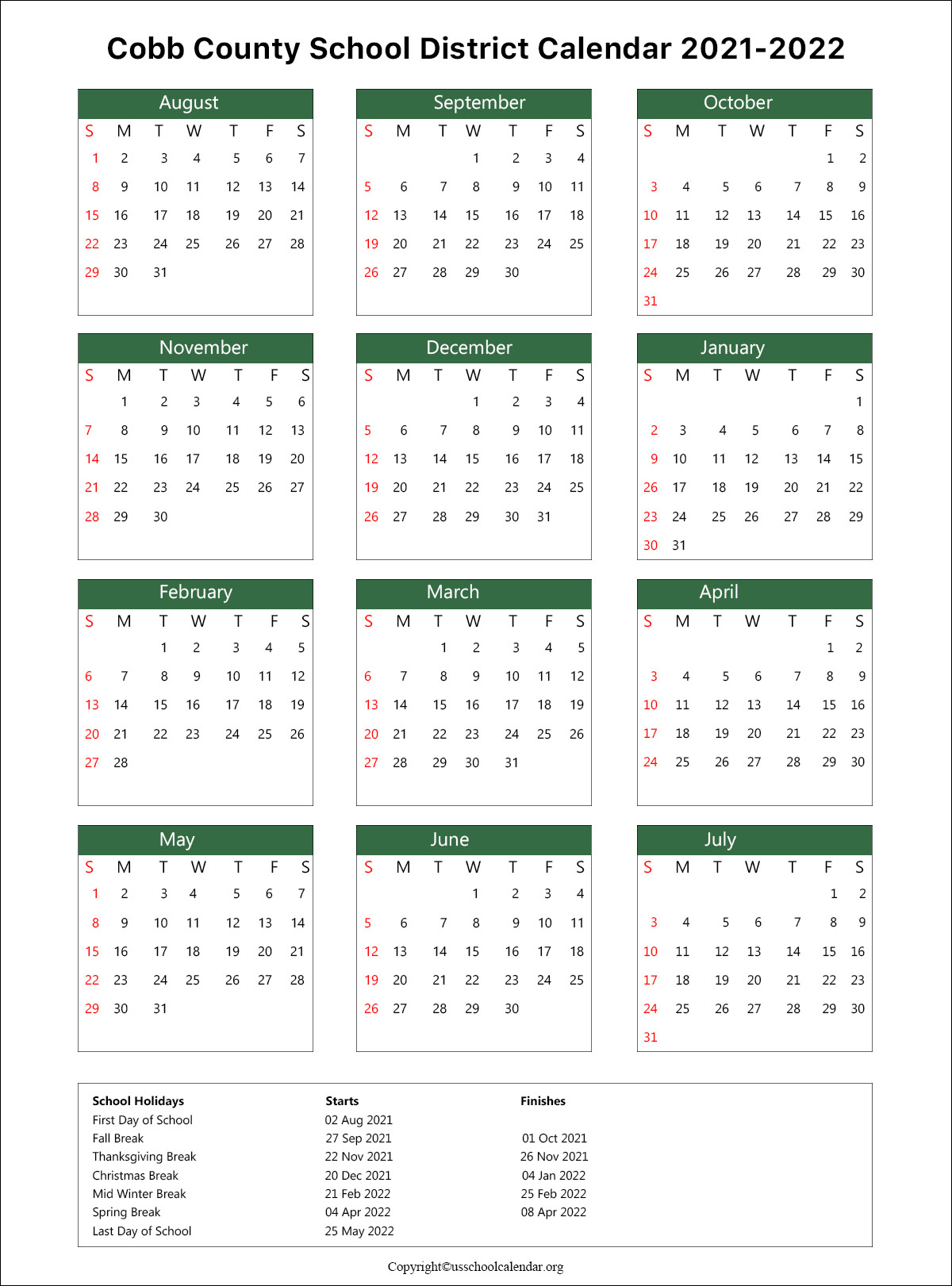 Cobb County School Calendar with Holidays 2021-2022