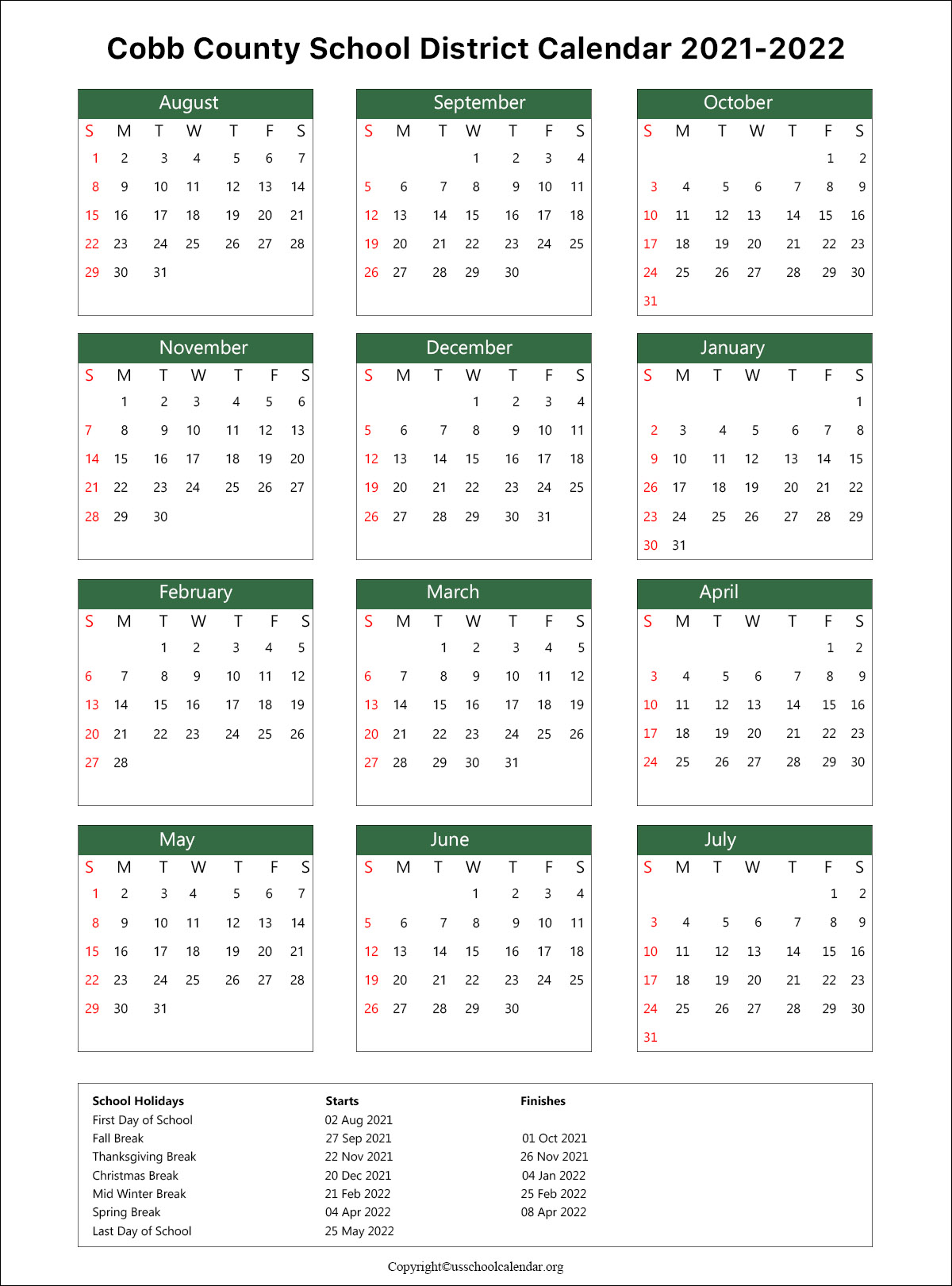 Cobb County School Calendar With Holidays 2021 2022