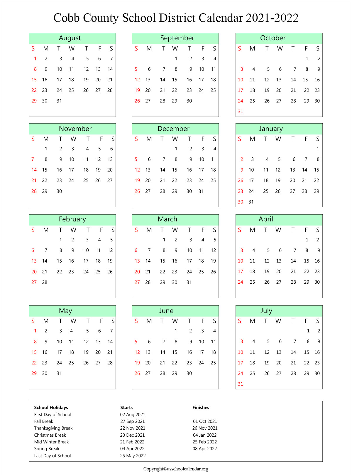 Cobb County 202223 School Calendar Printable Calendar 2022
