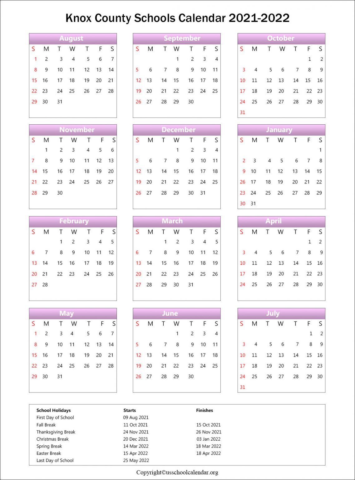 Knox County Schools Calendar with Holidays 2021 2022