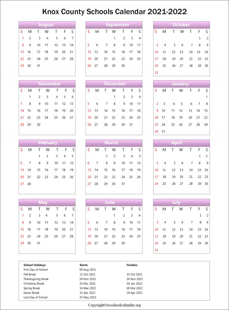 Knox County Schools Calendar with Holidays 2021-2022