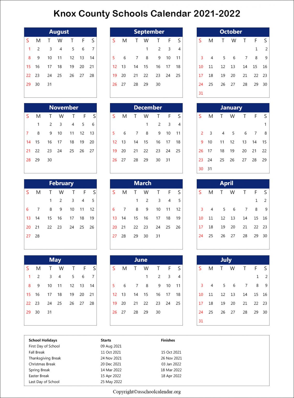 Knox County Schools Calendar with Holidays 2021-2022