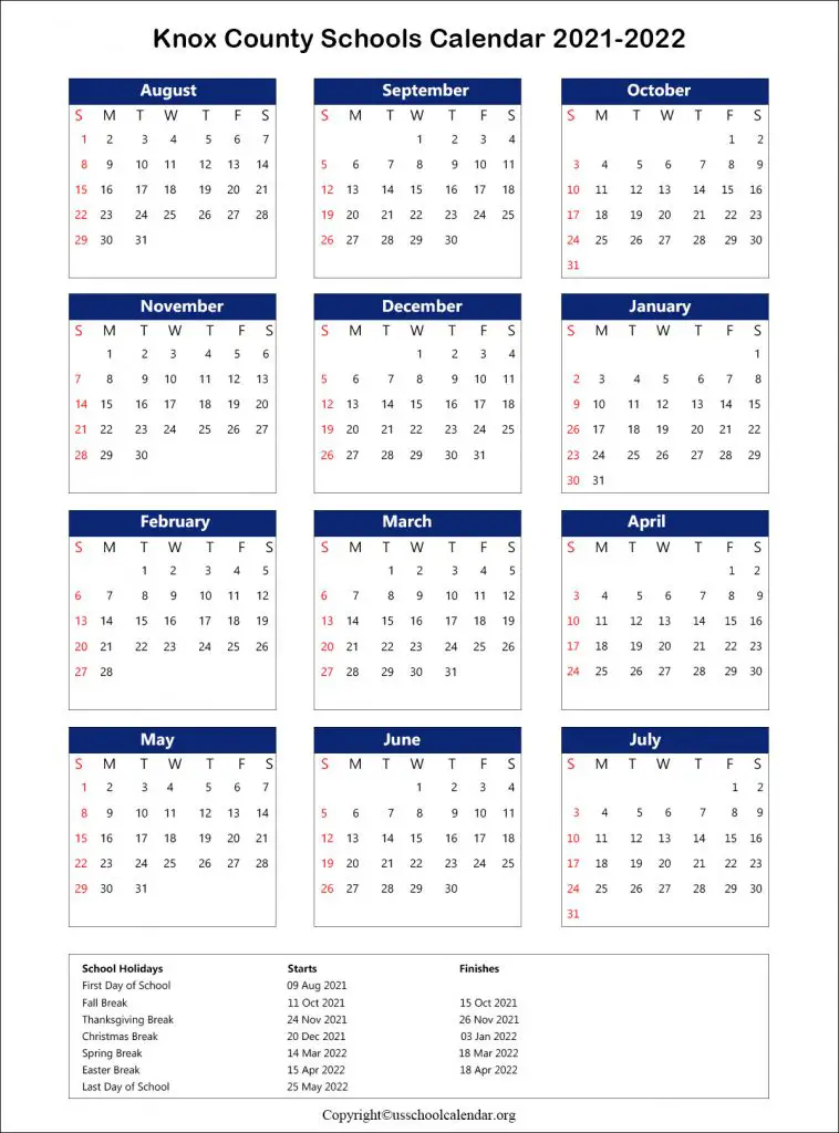 Knox County Schools Calendar 2021-2022