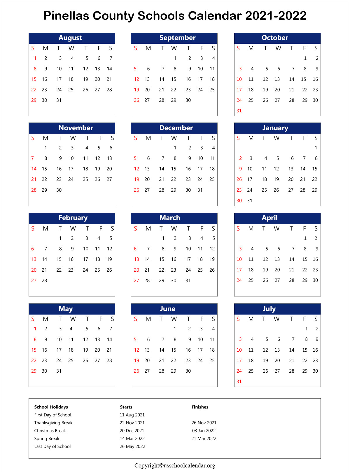 Pinellas County School Calendar with Holidays 20212022