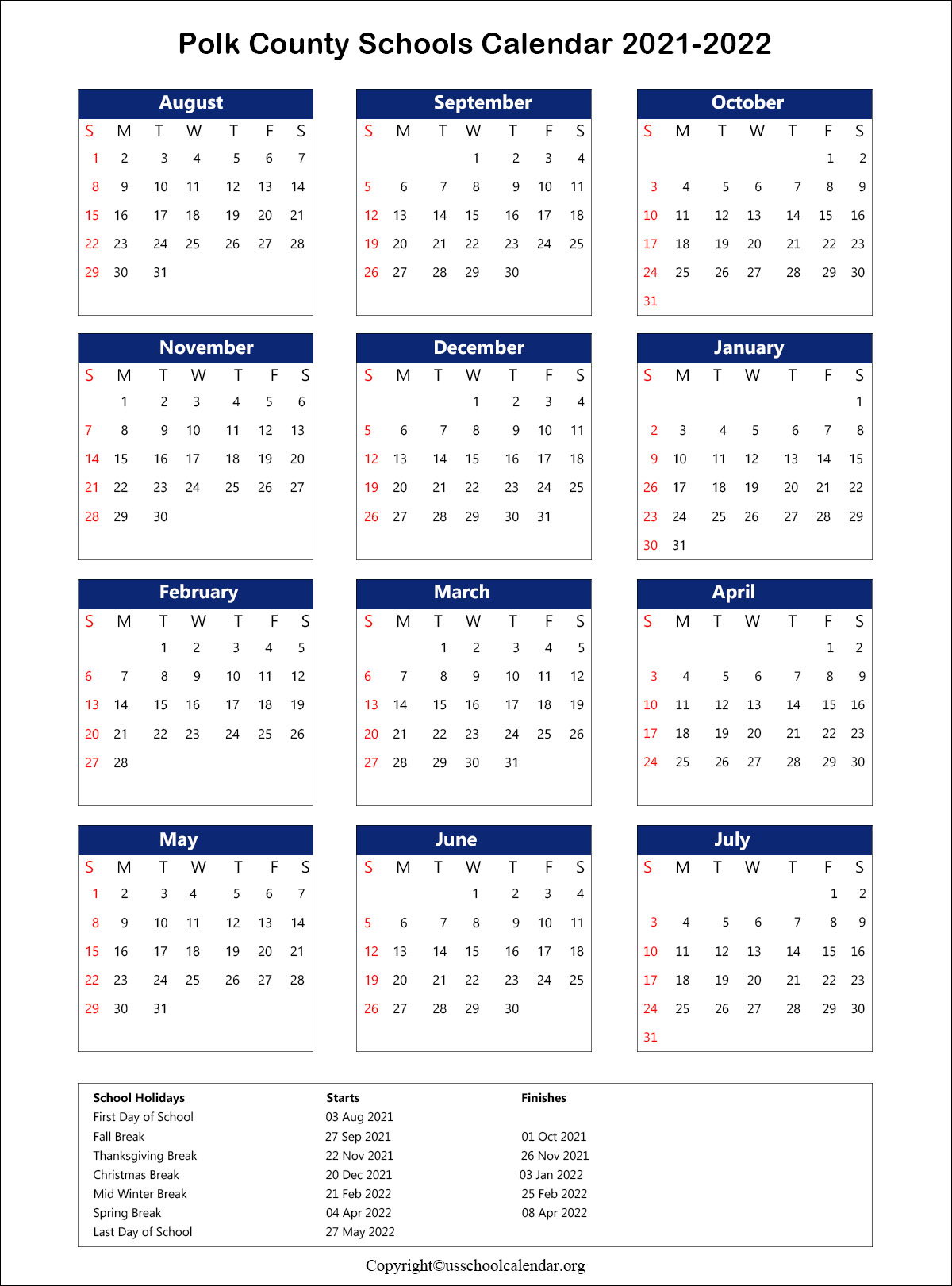 Polk County School Calendar with Holidays 2021 2022