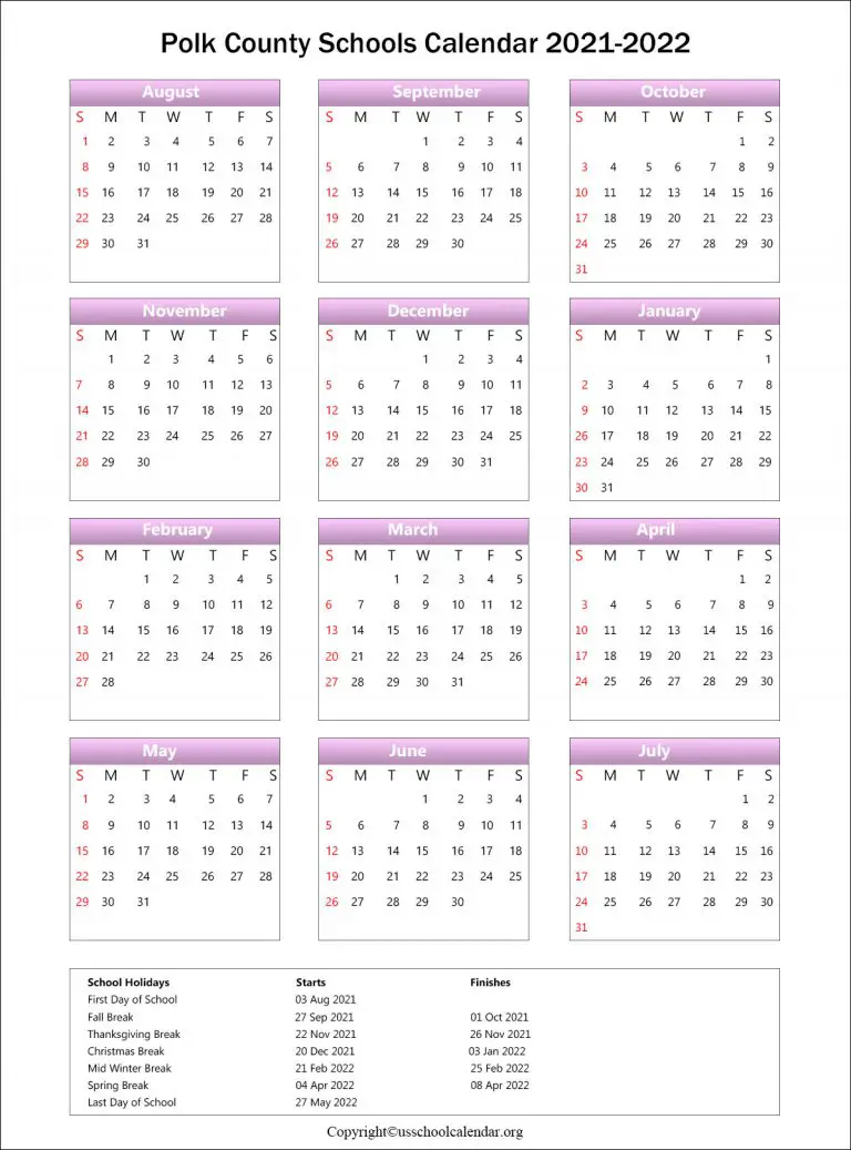 Polk County School Calendar with Holidays 20212022