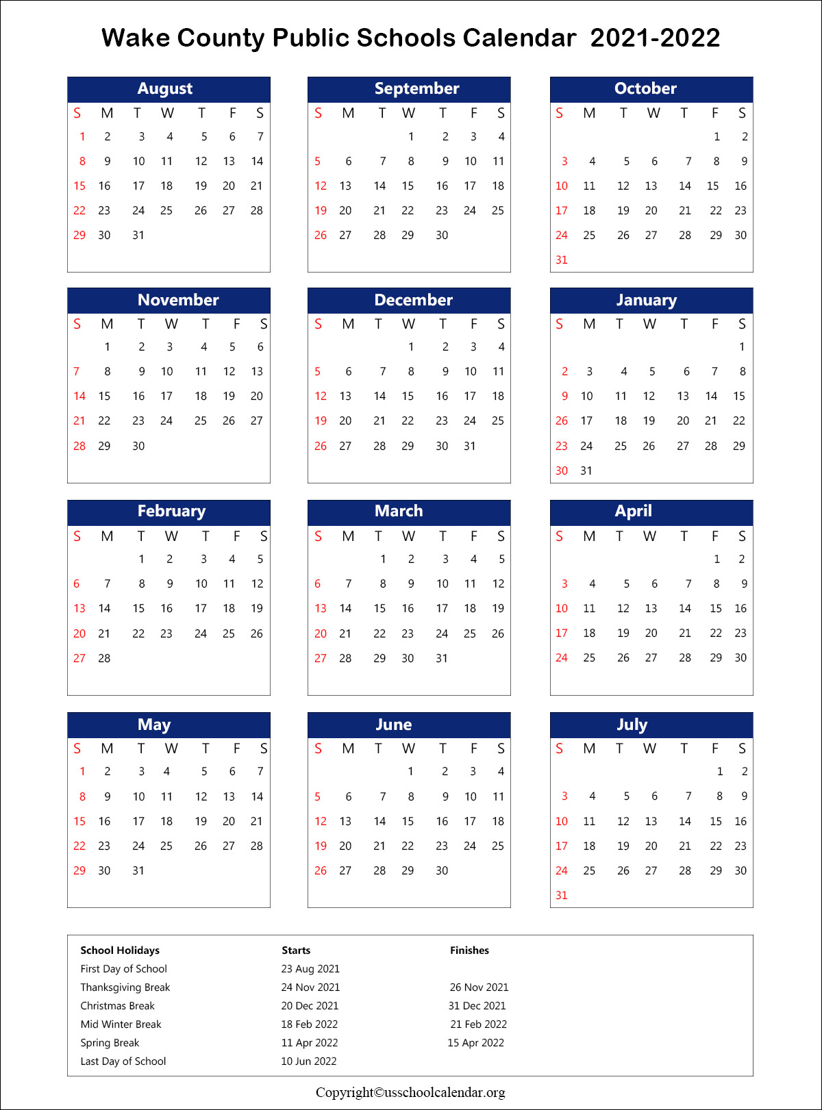 Wake County School Calendar with holidays 20212022