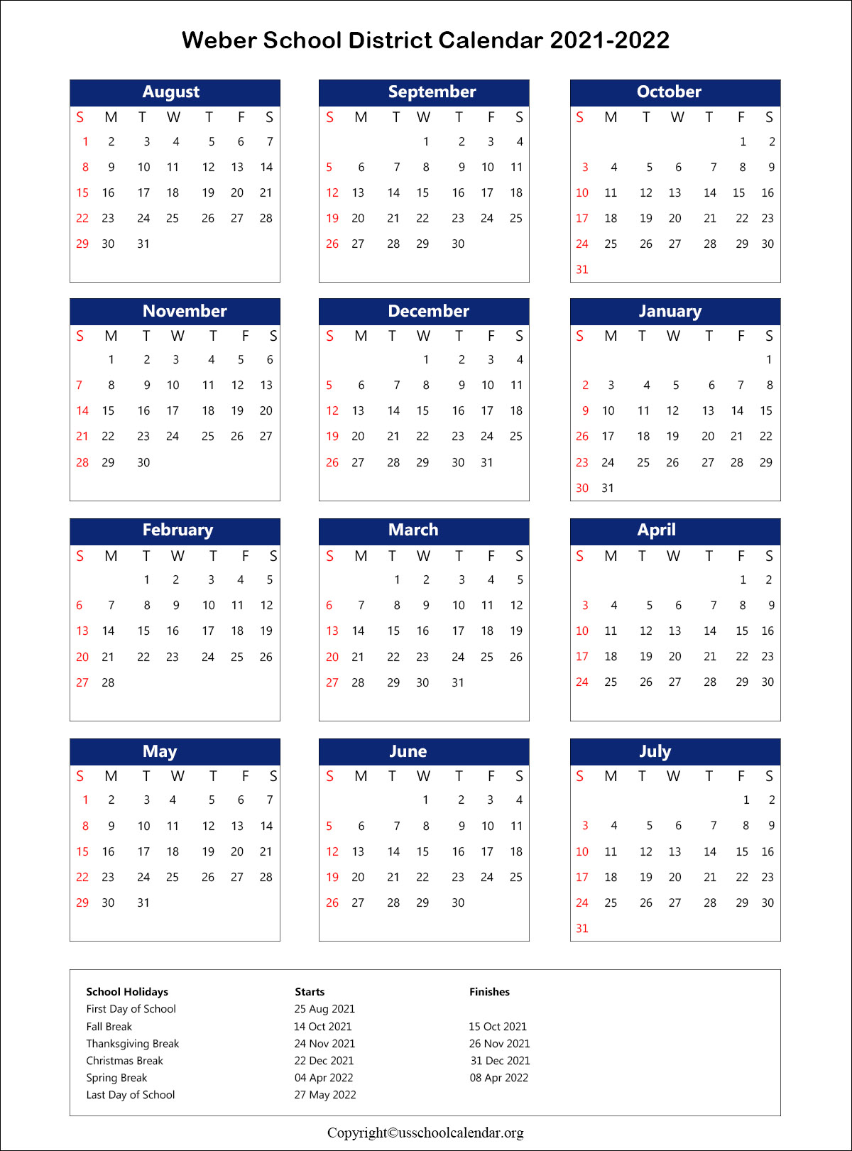 Weber School District Calendar with Holidays 2021-2022