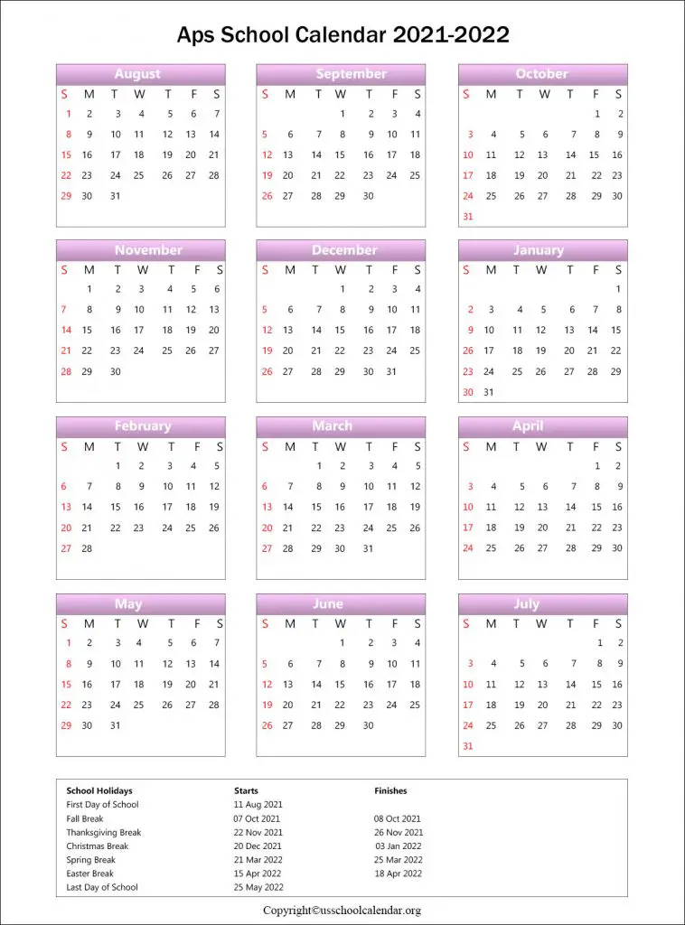 APS School Calendar With Holidays For 2021 2022