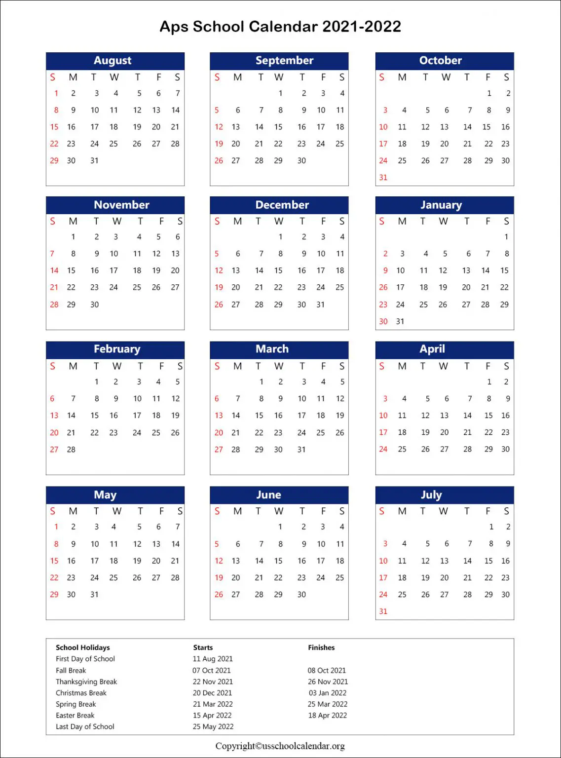 APS School Calendar with Holidays for 2021 2022