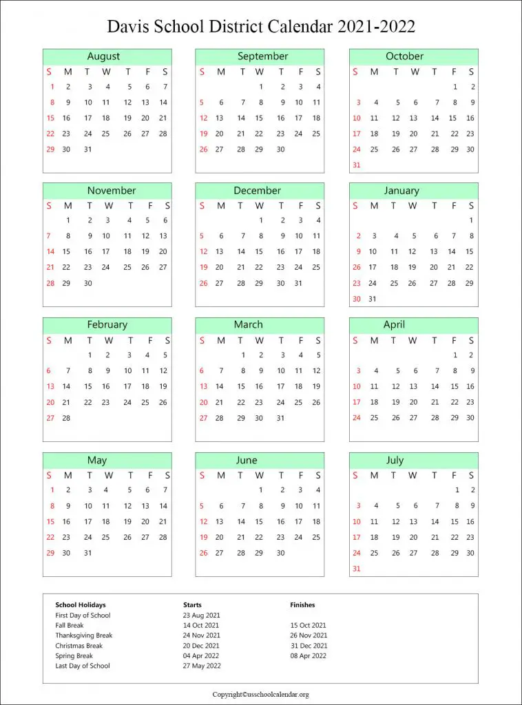 Davis School District Calendar 2021-2022