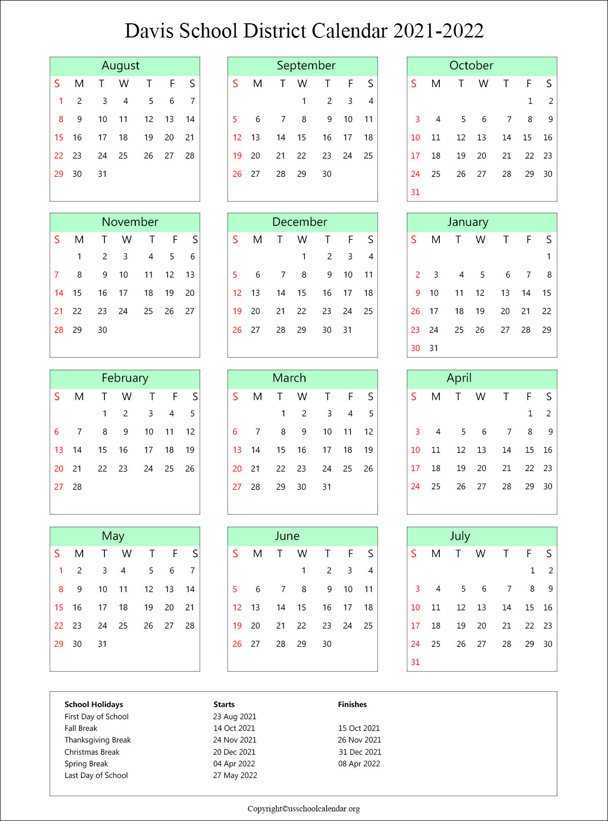 Davis Calendar 2022 Davis School District Calendar With Holidays 2021-2022