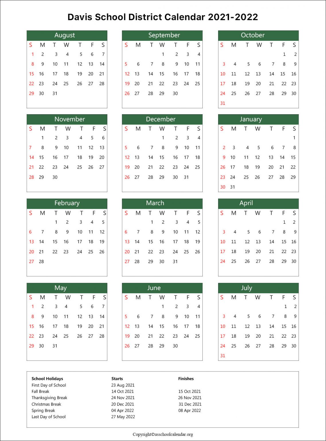 Davis School District Calendar with Holidays 20212022