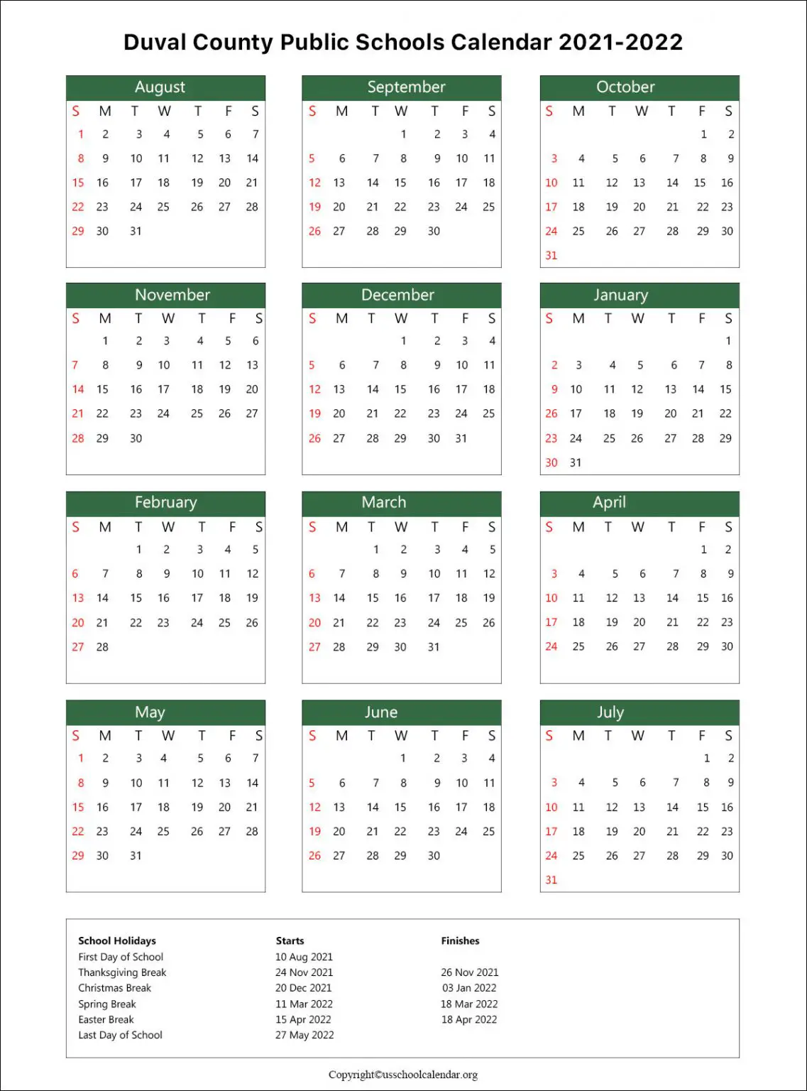 Duval County School Calendar with Holidays 20212022