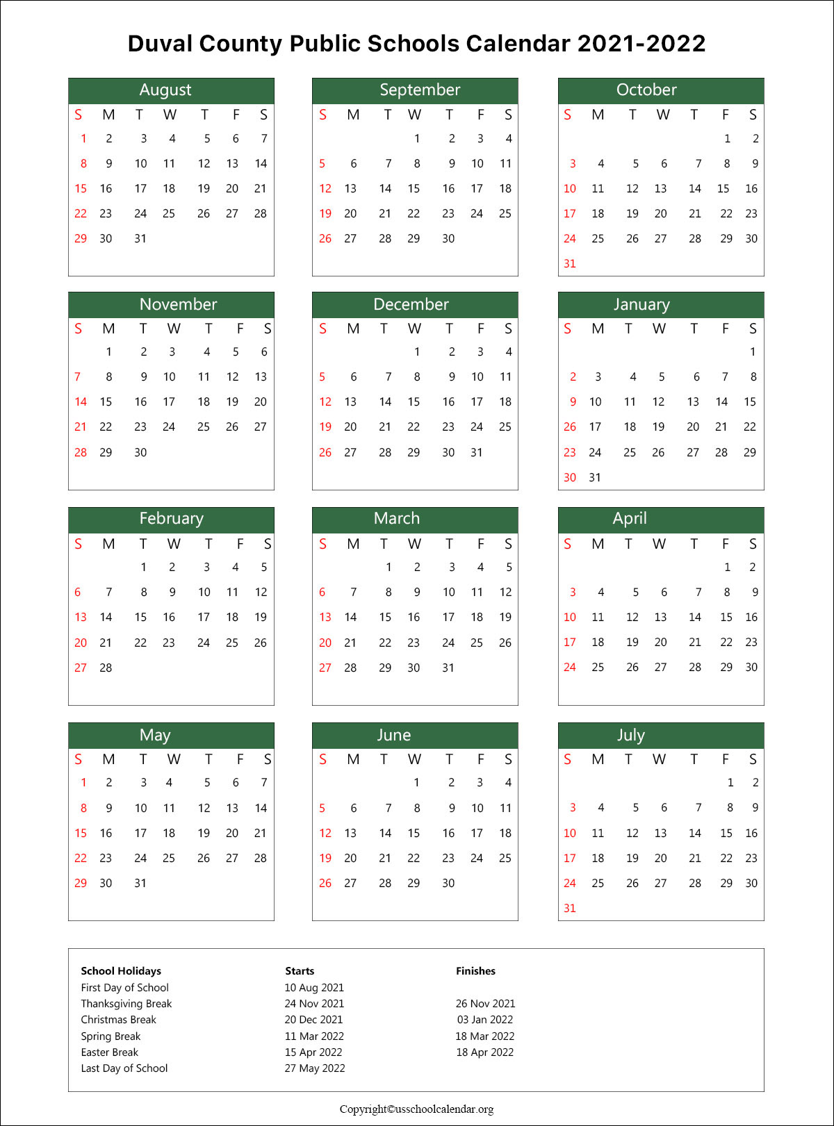 Duval County School Calendar with Holidays 2021-2022