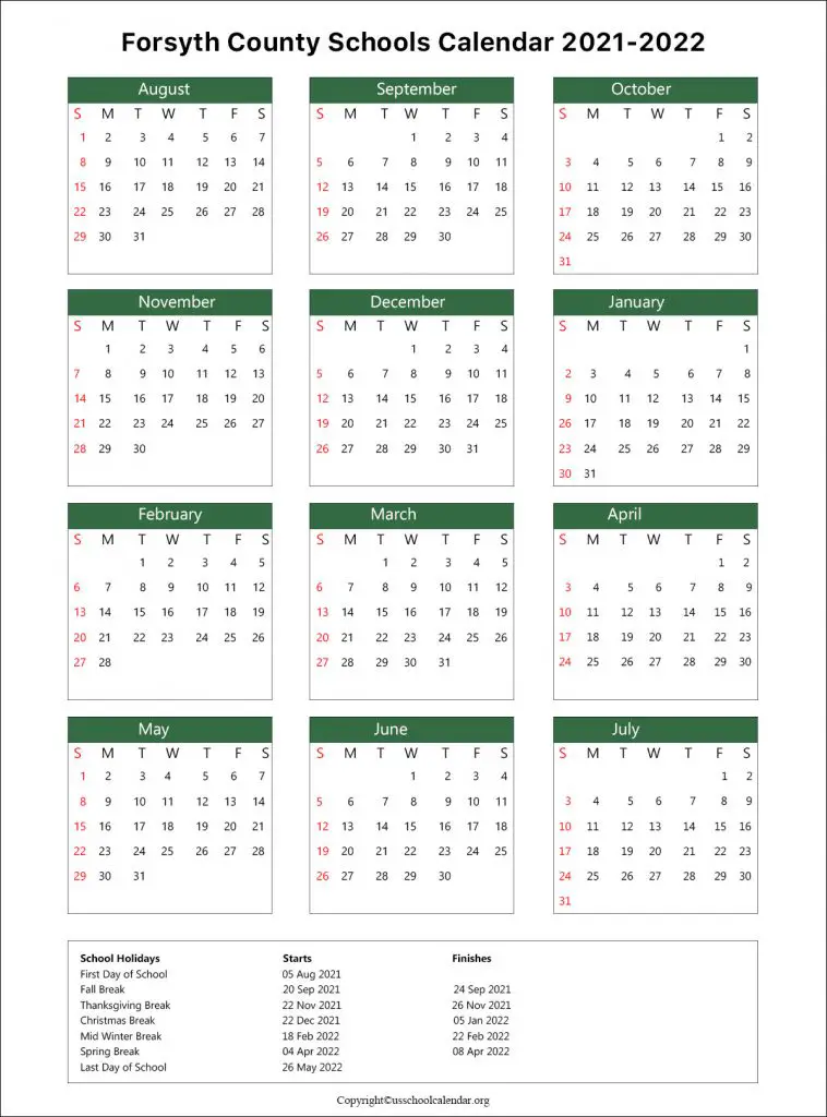 Forsyth County School Calendar with Holidays 2021-2022