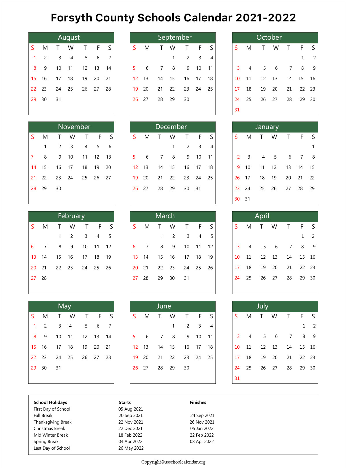 Forsyth County School Calendar with Holidays 20212022