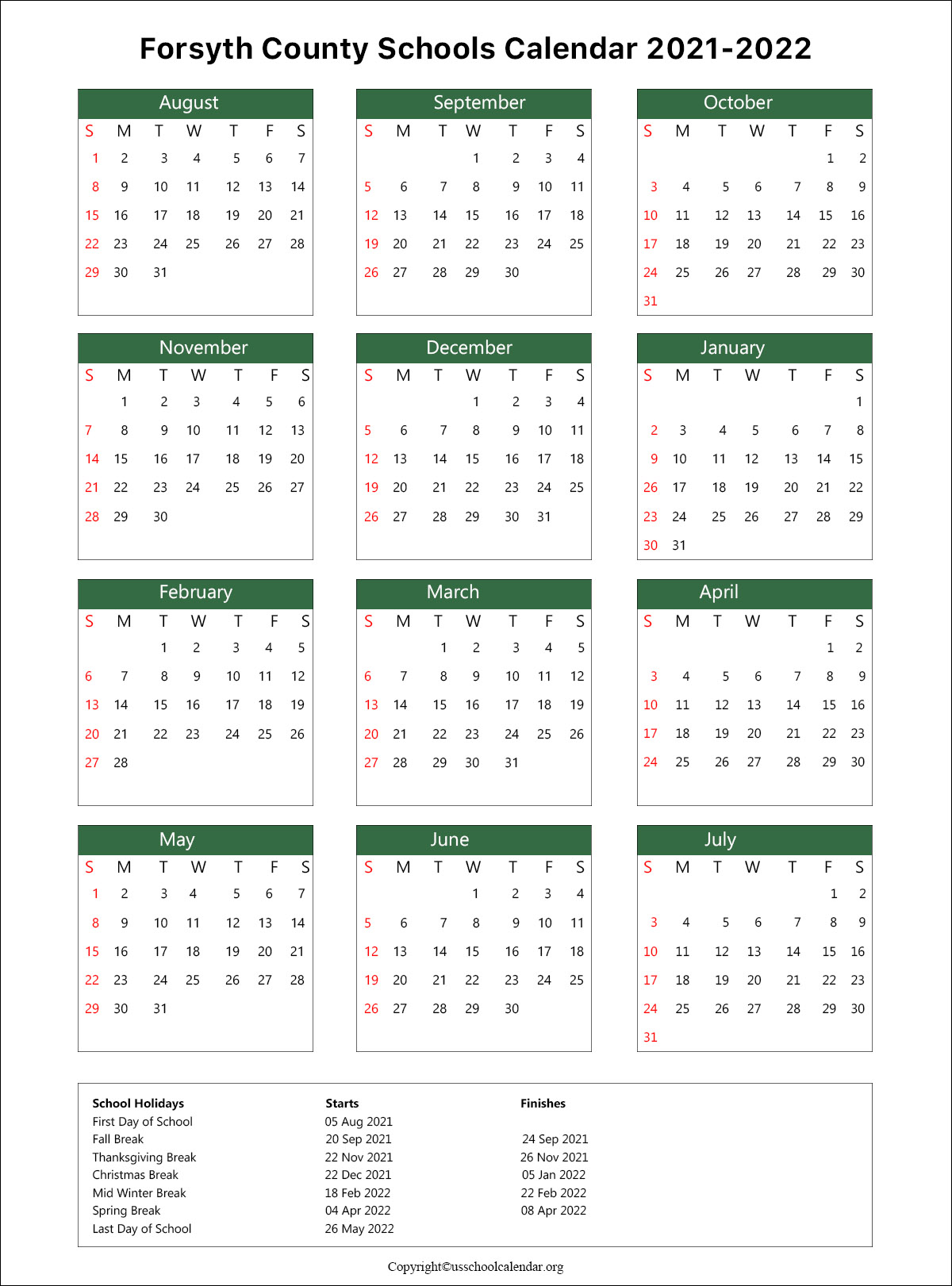 Forsyth County School Calendar With Holidays 2021 2022