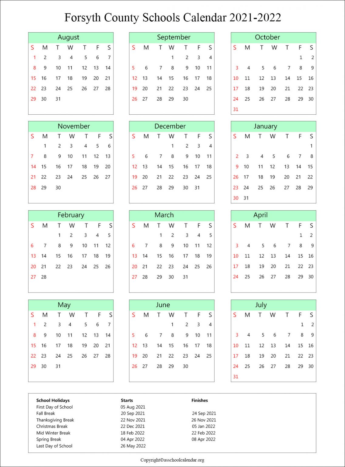 Forsyth County School Calendar with Holidays 20212022