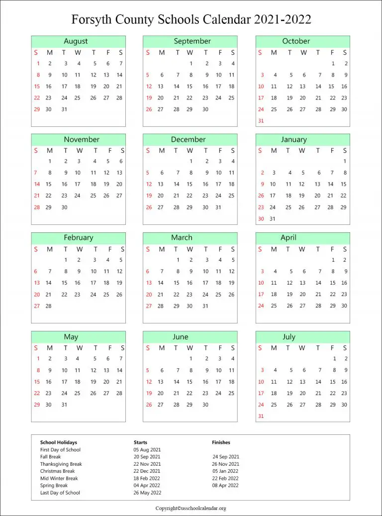 Forsyth County School Calendar with Holidays 20212022