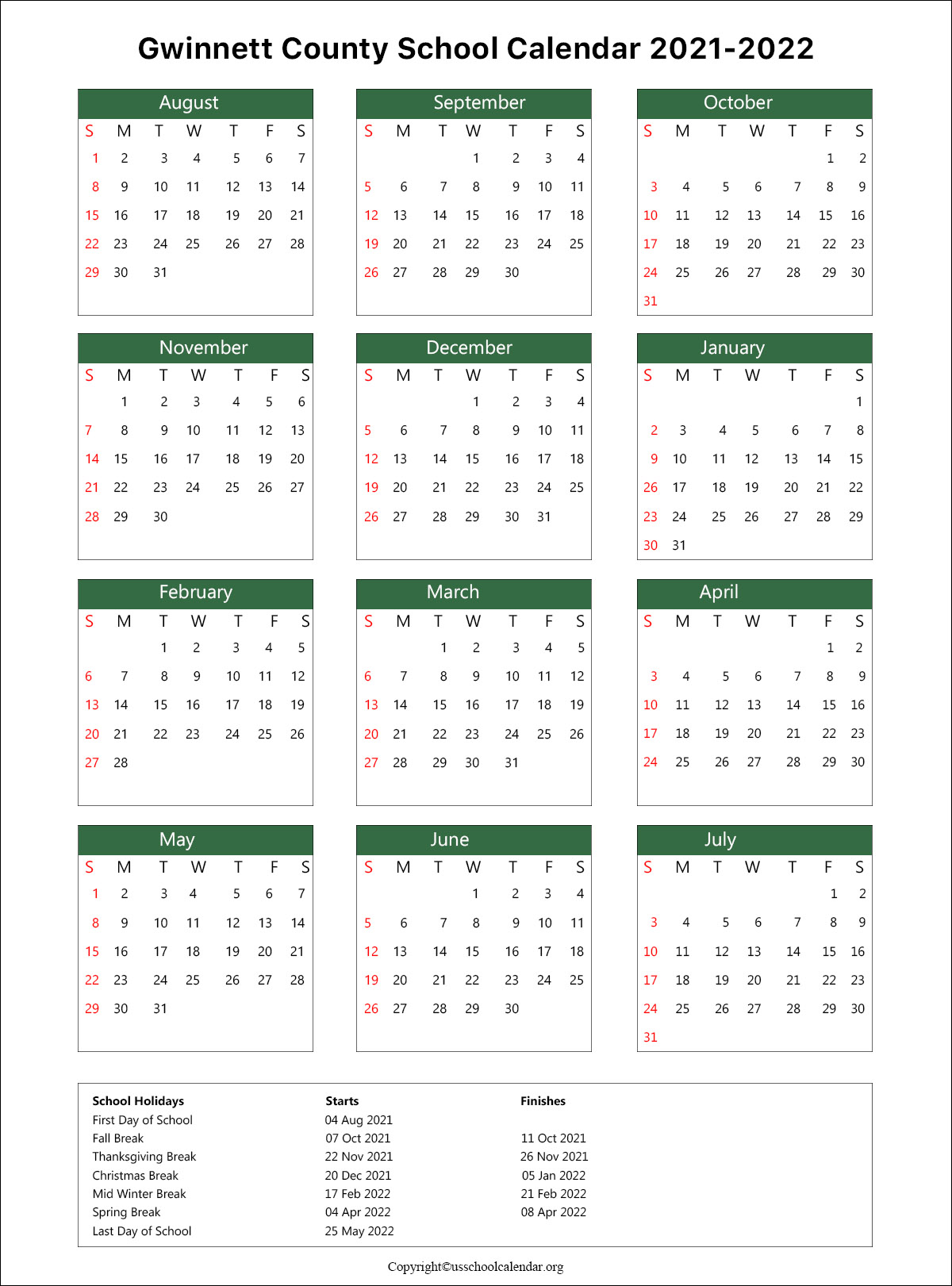 County School Calendar with Holidays 20212022