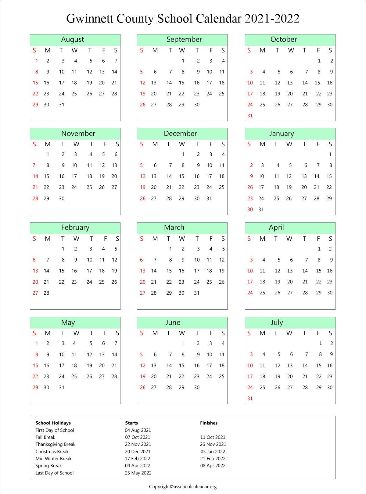 Gwinnett County Calendar 2022 Gwinnett County School Calendar With Holidays 2021-2022