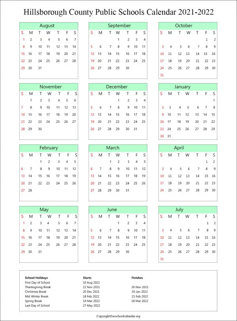 Hillsborough County School Calendar 2021-2022