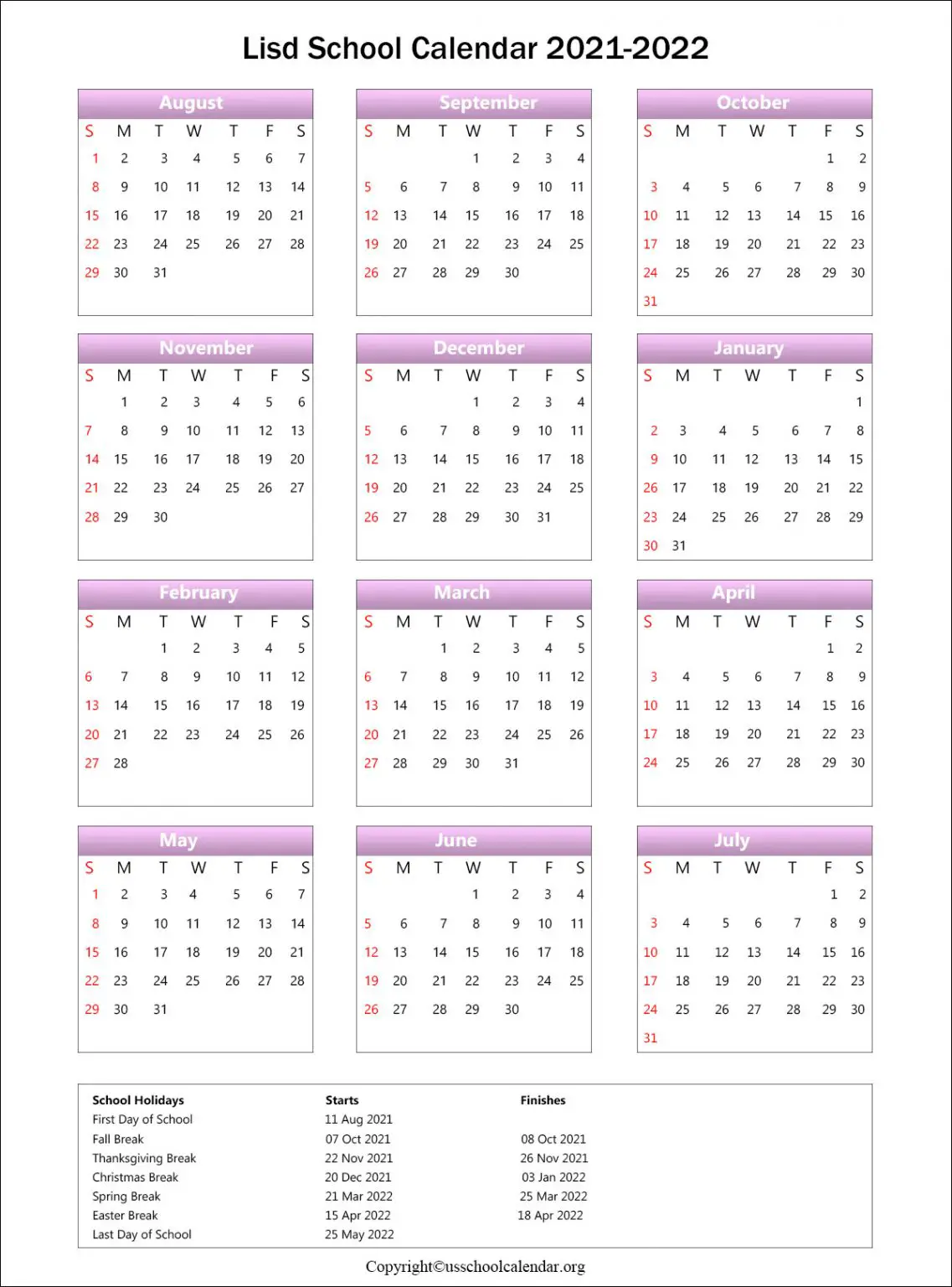 LISD School Calendar with Holidays 20212022 (Lewisville ISD School)
