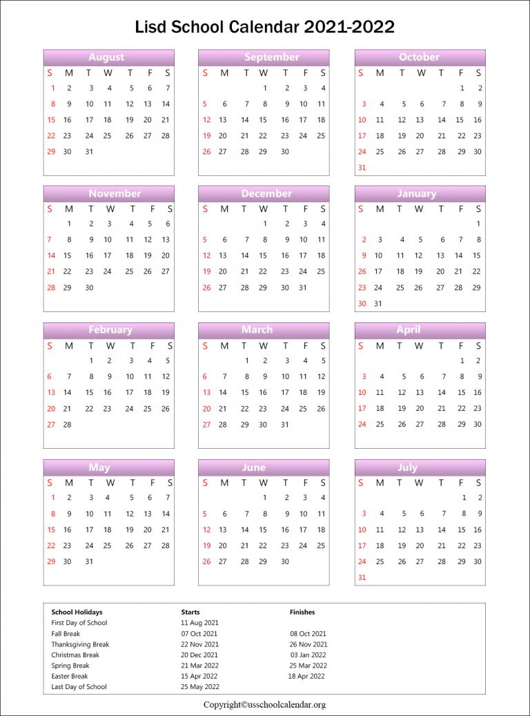 LISD School Calendar with Holidays 20212022 (Lewisville ISD School)