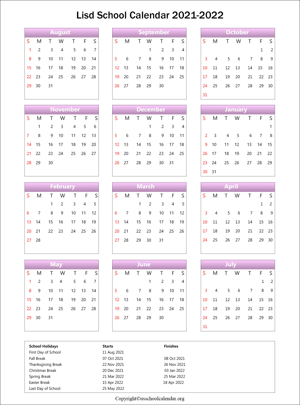 Lisd Calendar 2022 Lisd School Calendar With Holidays 2021-2022 (Lewisville Isd School)