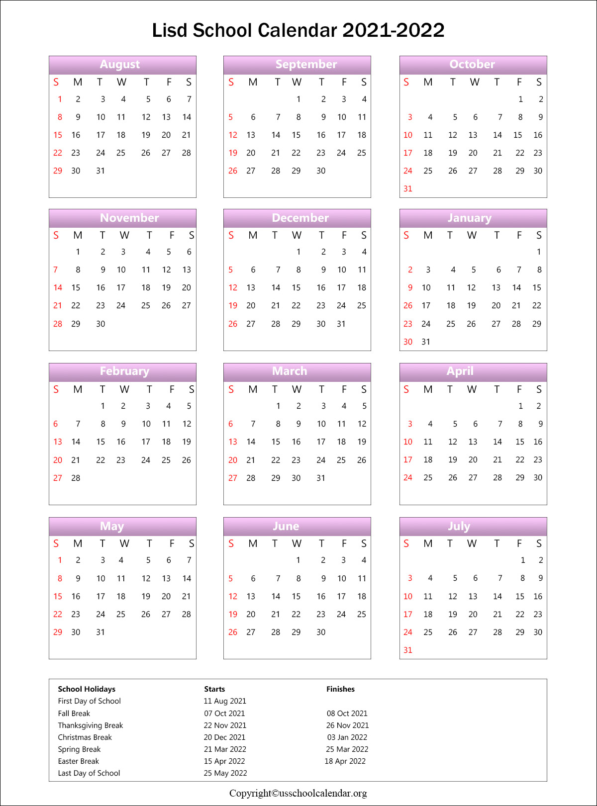 LISD School Calendar With Holidays 2021 2022 Lewisville ISD School 