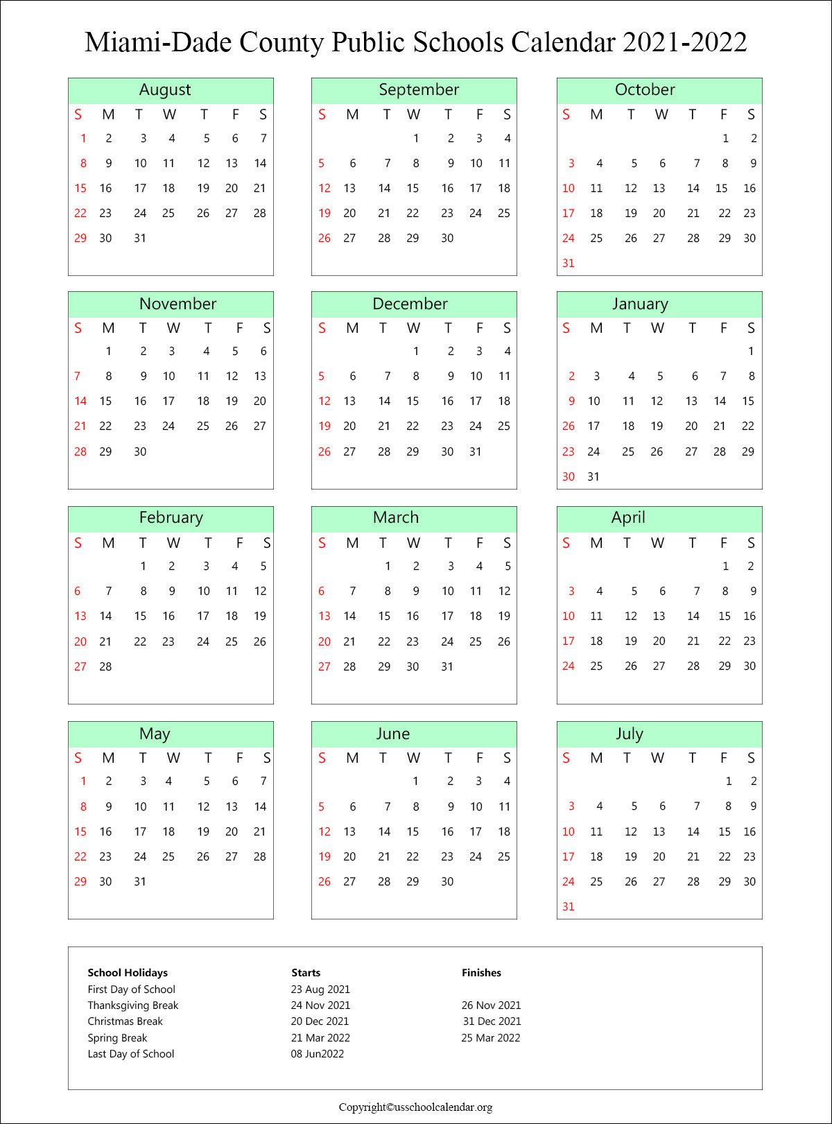 Miami Dade School Calendar with Holidays 20212022