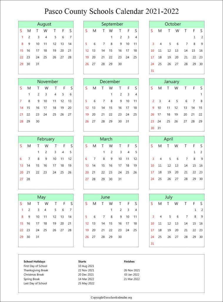 Pasco County School Calendar 2021-2022
