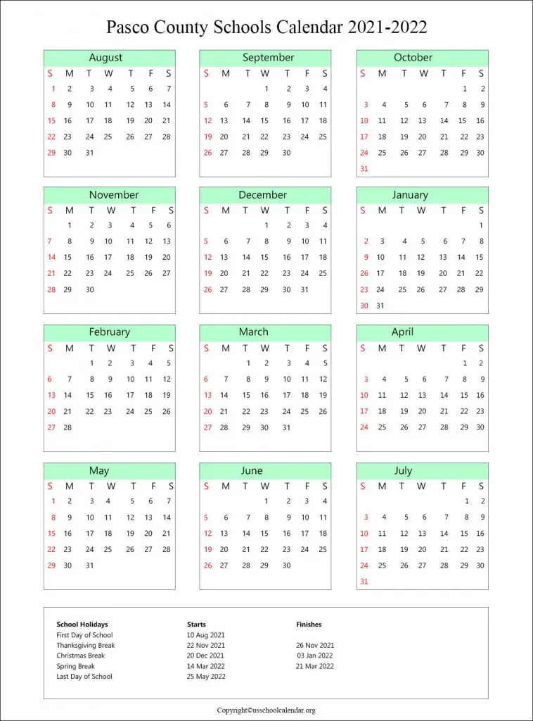 Pasco County School Calendar With Holidays 2021 2022