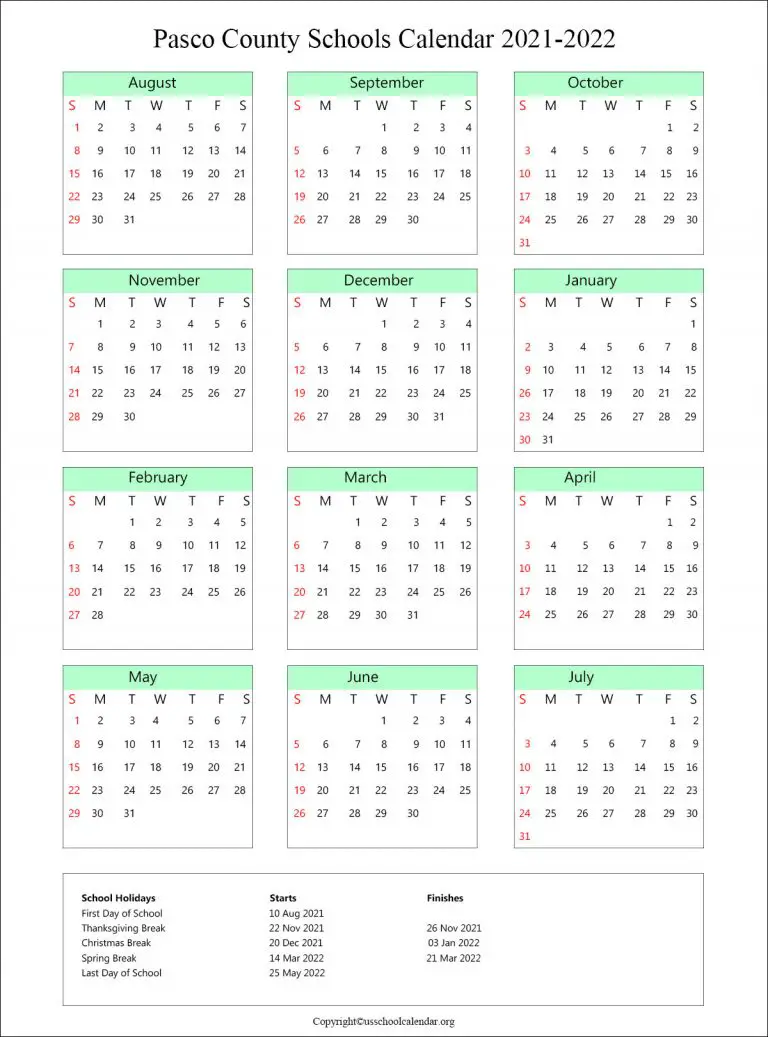 Pasco County School Calendar with Holidays 20212022