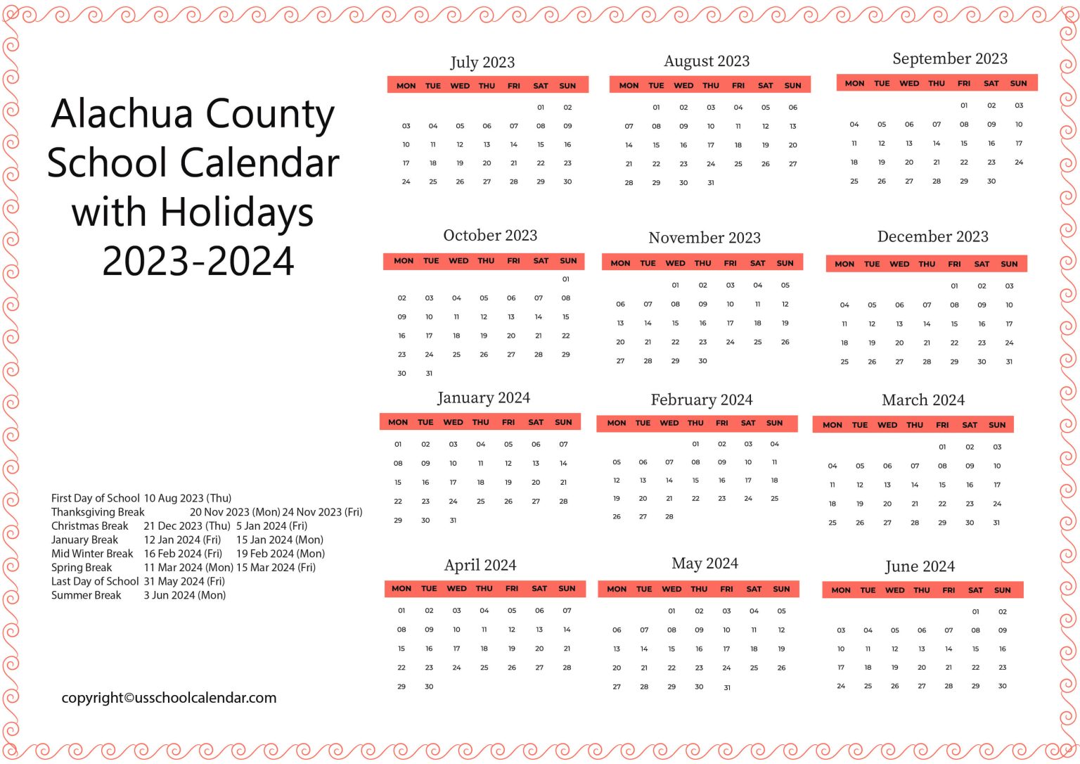 Alachua County School Calendar with Holidays 20232024