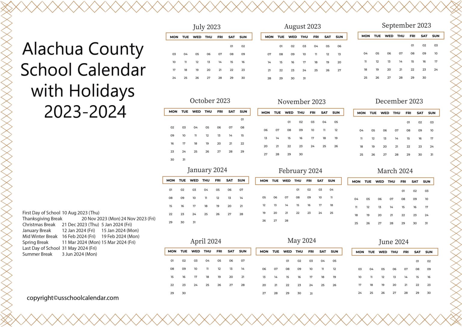 Alachua County School Calendar with Holidays 2023-2024