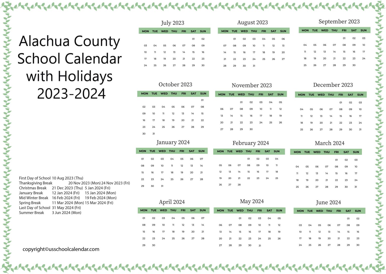 Alachua County School Calendar with Holidays 20232024